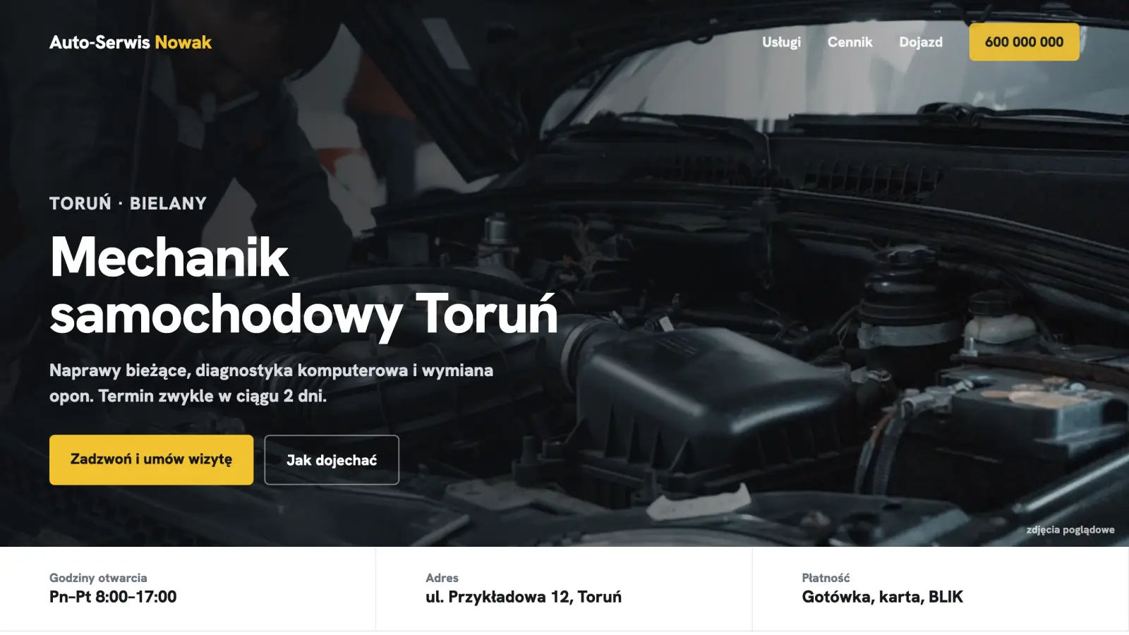 Przykładowa strona warsztatu Auto-Serwis Nowak: zdjęcie silnika, nagłówek „Mechanik samochodowy Toruń” i przycisk „Zadzwoń”