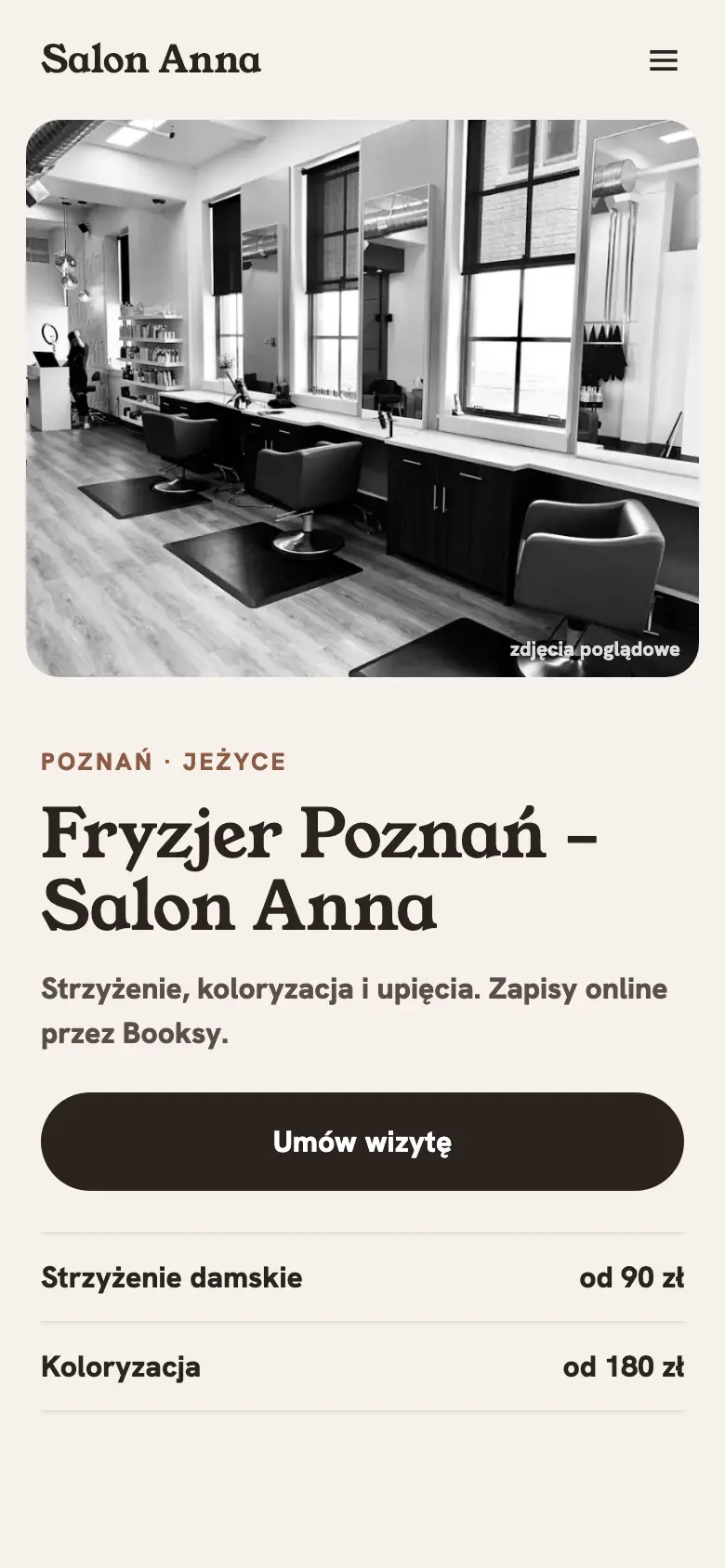 Przykładowa strona Salonu Anna na telefonie: zdjęcie wnętrza, nagłówek „Fryzjer Poznań” i cennik usług